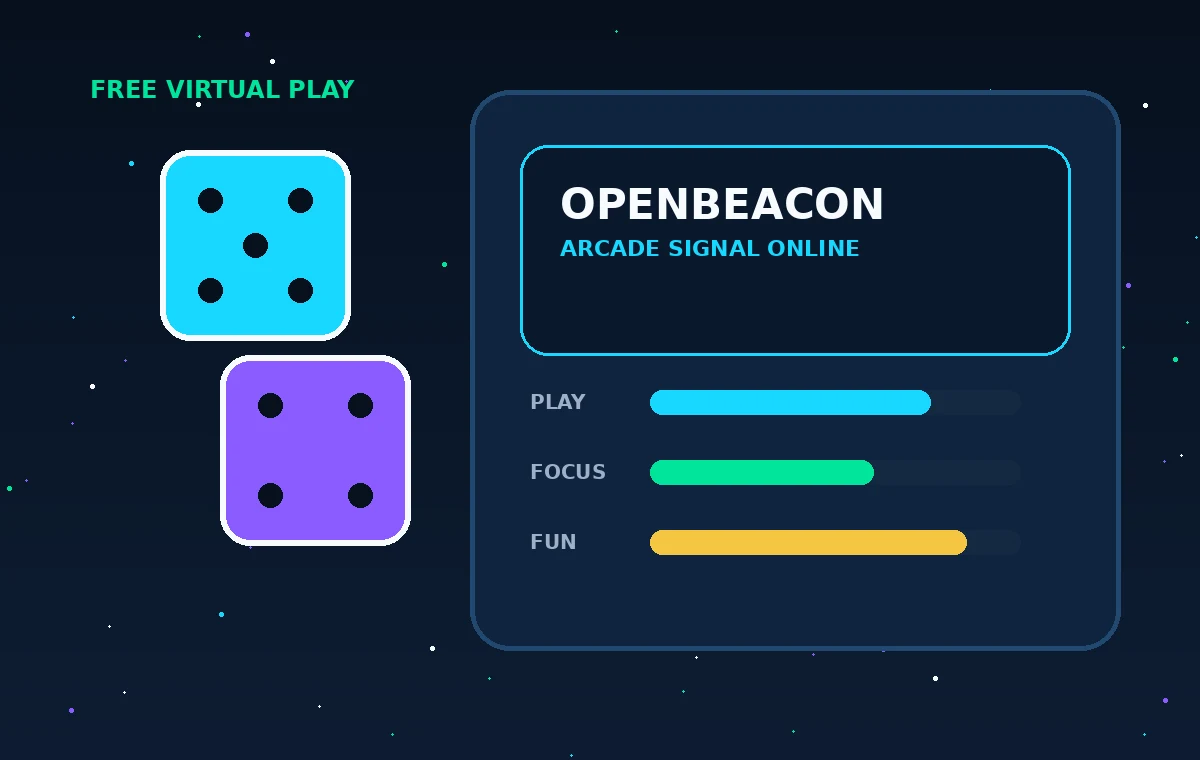 OpenBeacon futuristic virtual arcade dashboard with dice and glowing game elements